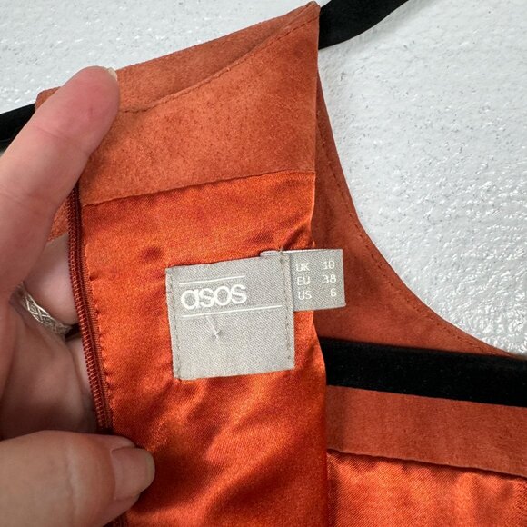 ASOS Black and Orange Suede Brocade Dress - Size 6 - Picture 8 of 8